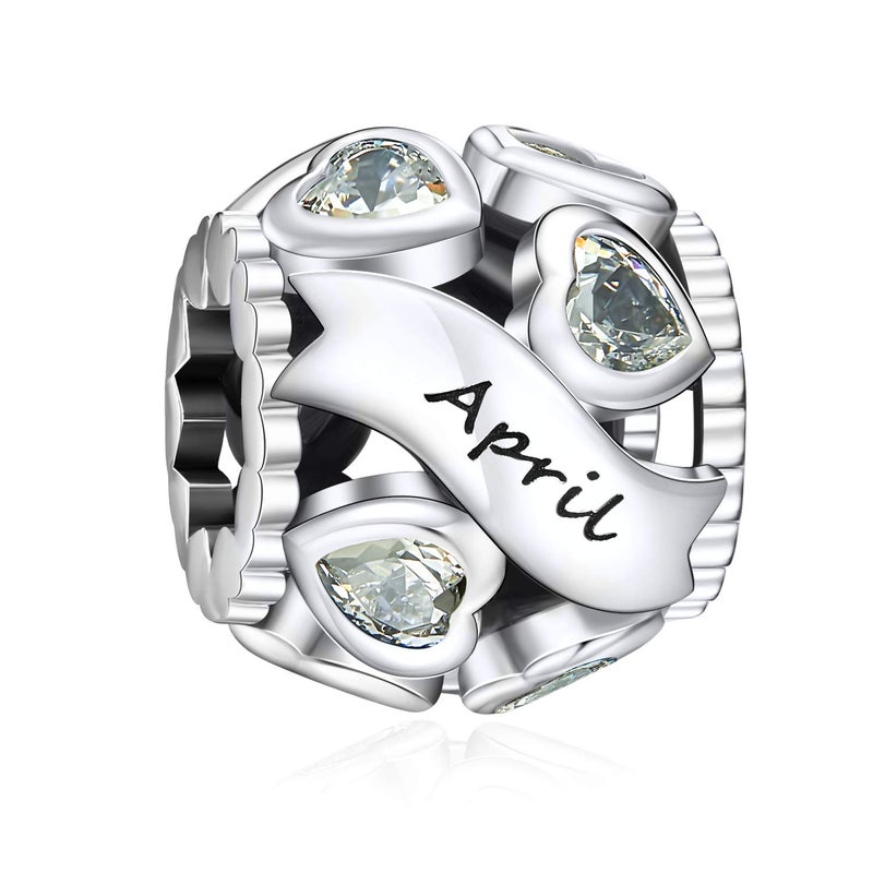 NINGAN April Birthstone Charms 925 Sterling Silver Love Heart Openwork Bead for Charm Bracelets and Necklaces with 5A Cubic Zirconia, Birthday Mothers Day Jewelry Gifts Women